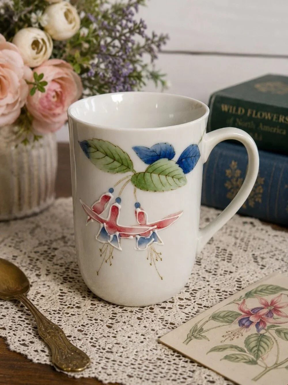 Vintage Otagiri Japan Fuchsia Flower Mug Raised Floral Ceramic 1970s 1980s